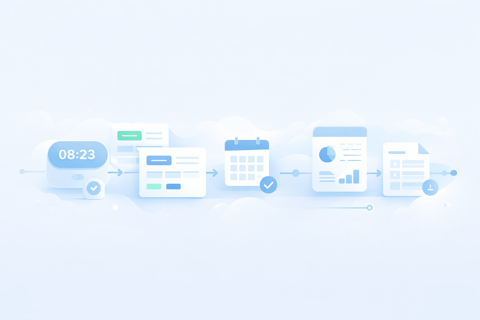 Digitale Zeiterfassung in Hamburg: symbolische Darstellung von Arbeitszeit, Projekten und automatisierten Auswertungen