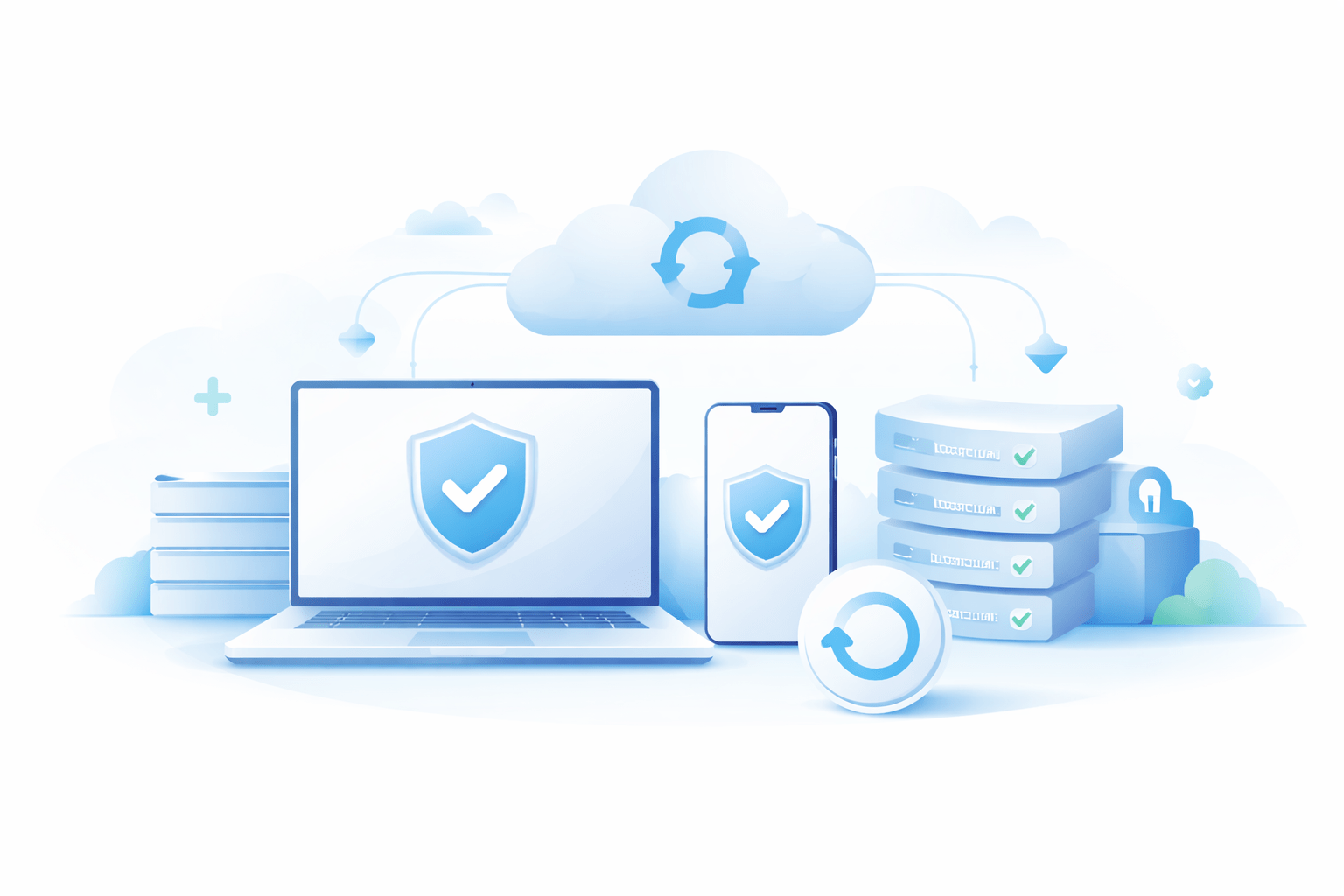 Endpoint Backup für Unternehmen: symbolische Darstellung von Backup, Richtlinien und Wiederherstellung