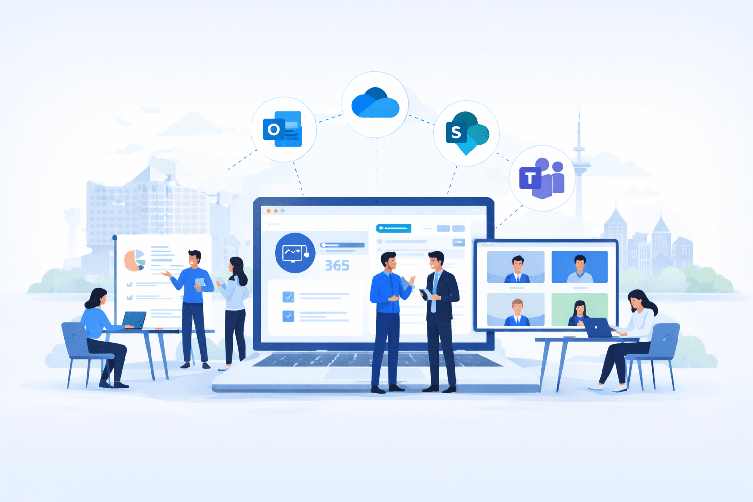 Microsoft 365 Schulung in Hamburg: symbolische Darstellung von Training, Zusammenarbeit und Struktur