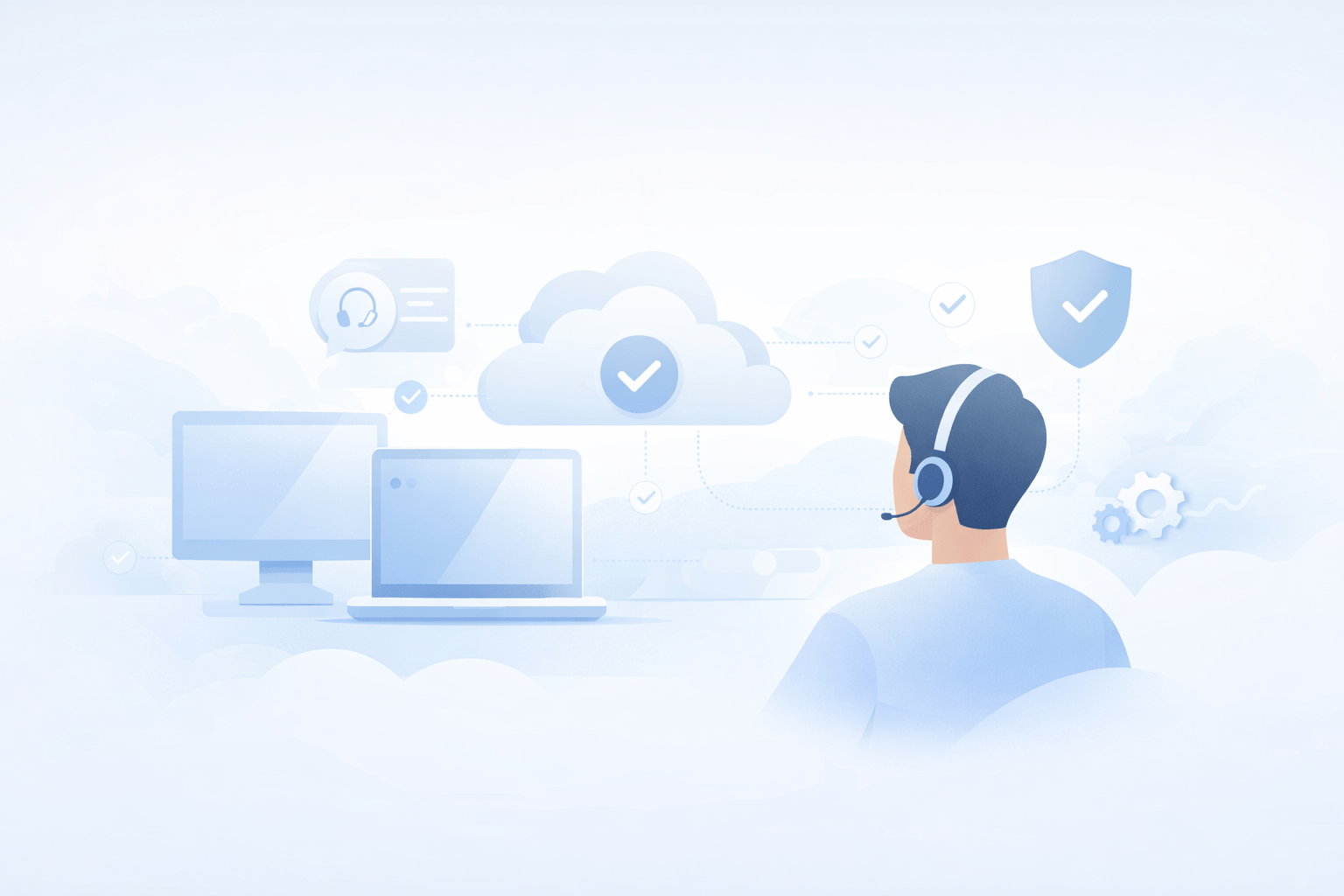 IT Support für Unternehmen in Hamburg: symbolische Darstellung von Helpdesk, Remote-Support und Vor-Ort-Service