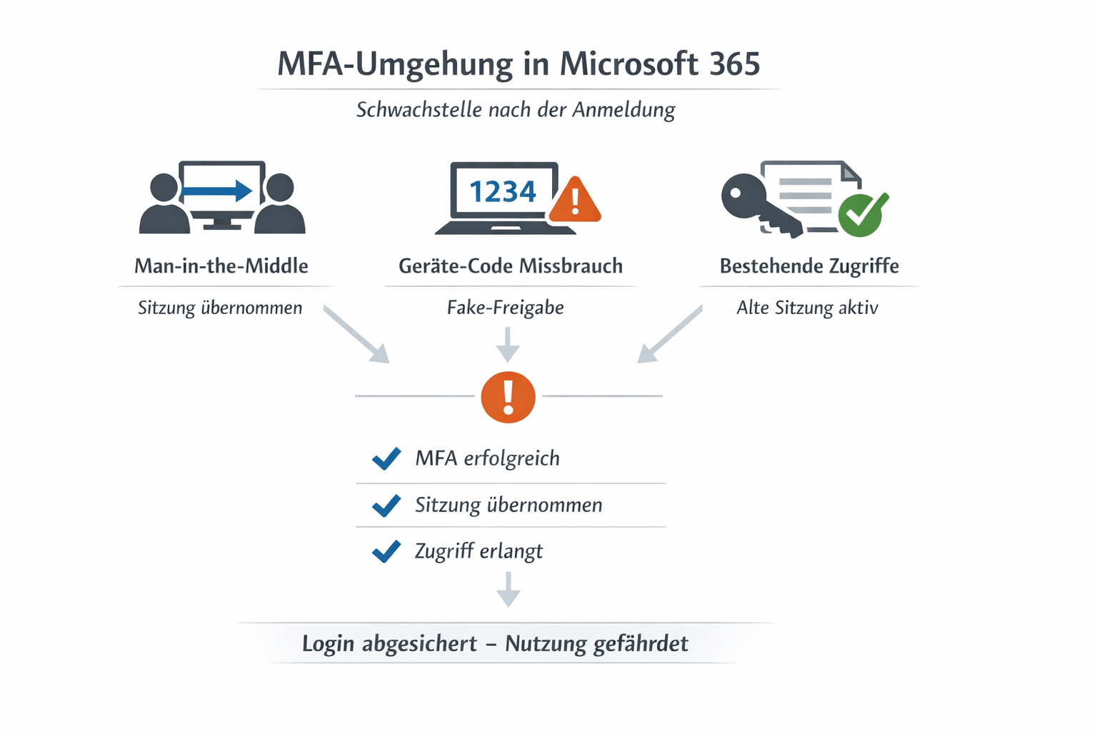 Microsoft 365 MFA Sicherheit: MFA wird bestätigt, danach wird eine Sitzung übernommen oder ein riskanter Anmeldeweg missbraucht