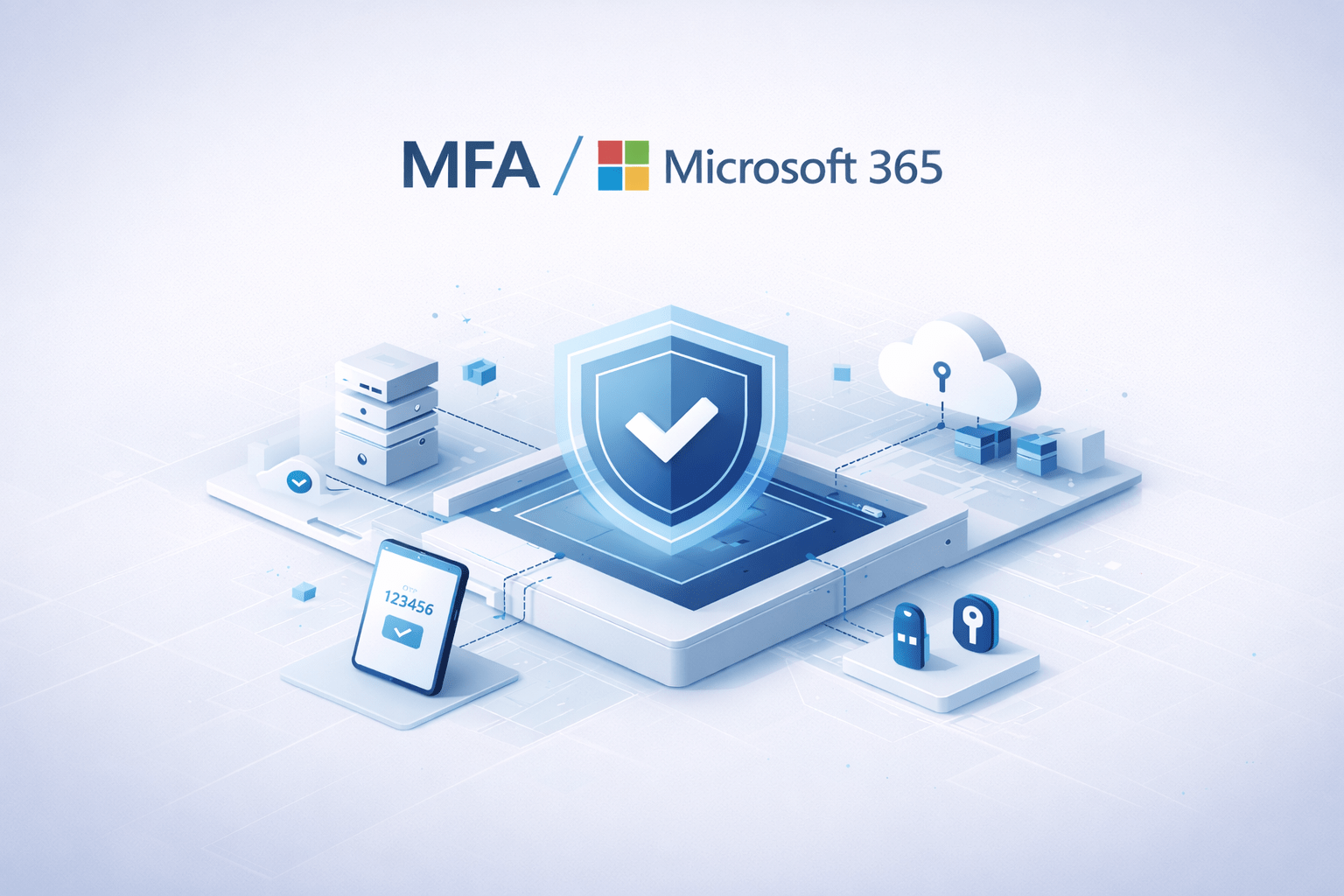 MFA Sicherheit Microsoft 365: Symbolische Darstellung von MFA, Anmeldeablauf und Sitzungsschutz