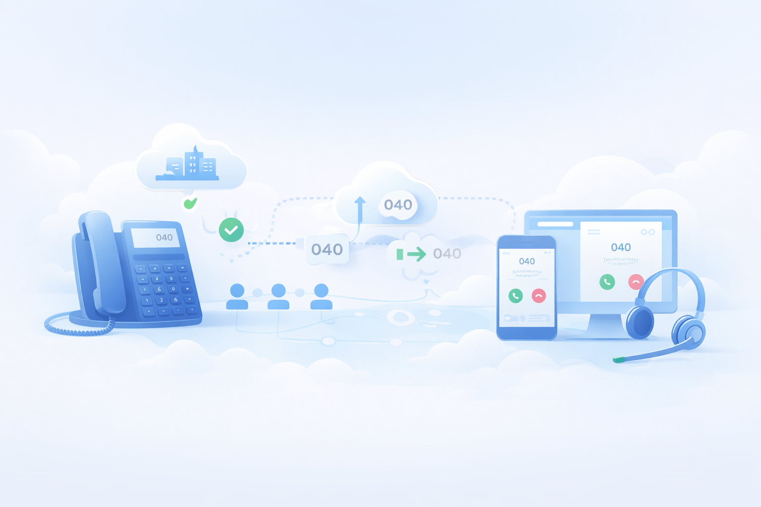 VoIP Telefonanlage in Hamburg: symbolische Darstellung von Durchwahlen, Rufgruppen und Apps